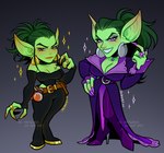 big_ears black_bottomwear black_clothing black_pants bottomwear breasts clothing dress female green_body green_hair green_skin hair medium_breasts nails pants pointy_ears purple_clothing purple_dress sharp_nails smile standing saltmatey blizzard_entertainment warcraft goblin humanoid