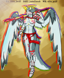anthro blood blood_on_face blood_on_hand blood_splatter bodily_fluids clothing female half_naked melee_weapon red_clothing simple_background solo sword weapon wings justelliscub canid canine canis mammal wolf absurd_res hi_res