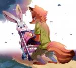 anthro baby duo_focus family female fur green_eyes grey_body grey_fur group holding_object long_ears male orange_body orange_fur outside predator/prey purple_eyes romantic romantic_couple smile stroller young princess_hinghoi disney zootopia judy_hopps nick_wilde canid canine fox lagomorph leporid mammal rabbit red_fox true_fox 2016 hi_res father_(lore) mother_(lore) parent_(lore)