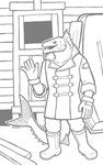 5_fingers anthro bottomwear clothing coat door fingers footwear gesture gloves gumboot handwear looking_at_viewer male open_mouth pants plantigrade raised_arm sharp_teeth shoes smile solo standing teeth topwear waving snarkysardine barracouta fish marine scombrid scombriform snake_mackerel 2018 absurd_res hi_res monochrome