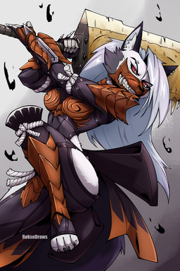4_toes angry anthro armor cheek_tuft claws cosplay crossover_cosplay ear_piercing ear_ring eyebrow_piercing eyebrows eyelashes facial_piercing facial_tuft feet female fighting_pose furrowed_eyebrows grey_hair hair holding_melee_weapon holding_object holding_sword holding_weapon inner_ear_fluff long_hair mask melee_weapon odogaron_armor piercing pose red_sclera ring_piercing shoulder_guards solo sword text toe_claws toes tuft weapon roksodraws capcom hellaverse helluva_boss monster_hunter mythology loona_(helluva_boss) canid canid_demon canine demon hellhound mammal mythological_canine mythological_creature 2024 2:3 artist_name crossover digital_media_(artwork) hi_res