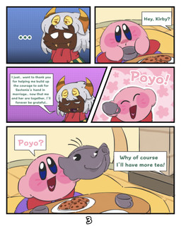 2_horns 4_eyes ambiguous_gender container cookie cup dark_body dark_skin dialogue duo food horn mentioned_character multi_eye open_mouth open_smile pink_body scarf smile speech_bubble star tea_cup teapot text kittipaws kirby_(series) nintendo kirby taranza arachnid arthropod spider spidr waddling_head absurd_res comic english_text hi_res