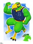 anthro beak biceps bottomless clothed clothing feathers feet flexing flexing_bicep green_body green_eyes green_feathers looking_at_viewer male muscular muscular_anthro muscular_male open_mouth red_body red_feathers shirt solo talons toes tongue topwear year yellow_body yellow_feathers tanio animal_crossing nintendo frank_(animal_crossing) accipitrid accipitriform avian bird eagle 2015 3:4 hi_res signature