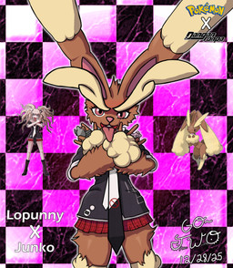 anthro big_ears black_clothing black_shirt black_topwear bottomwear bow_ribbon brown_body brown_fur cardigan clothing crazy_eyes devil_horns_(gesture) eyebrows female fur gesture hand_gesture holding_object long_ears miniskirt necktie pink_eyes shirt skirt solo text thick_eyebrows tongue tongue_out topwear go-two danganronpa danganronpa:_trigger_happy_havoc nintendo pokemon spike_chunsoft junko_enoshima generation_4_pokemon lagomorph leporid lopunny mammal pokemon_(species) rabbit absurd_res english_text hi_res reference_image