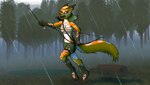 4_toes 5_fingers anthro arrow_(weapon) blonde_hair bodypaint bow_(weapon) breasts brown_markings cheek_tuft chest_wraps claws cleavage clothed clothing countershading detailed_background dipstick_ears ear_markings facial_paint facial_tuft feet female fingers fog forest fur fur_markings gloves_(marking) grass green_eyes hair holding_arrow holding_bow_(weapon) holding_object holding_ranged_weapon holding_weapon inner_ear_fluff leg_markings log makeshift_clothing markings midriff multicolored_ears navel orange_body orange_fur outside plant puddle quiver_(object) raining ranged_weapon running sheathed_weapon socks_(marking) solo teeth thigh_strap toes tree tribal tribal_markings tuft weapon white_body white_countershading wood wraps kinipshun canid canine fox mammal 16:9 absurd_res hi_res widescreen