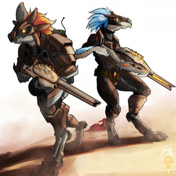 3_fingers 3_toes anthro arm_feathers arm_tuft armor beak blue_body blue_feathers desert digitigrade duo face_covered feather_hair feathered_crest feathers feet fingers full_armor glowing glowing_eyes grey_body grey_scales gun head_crest headgear helmet holding_gun holding_object holding_ranged_weapon holding_weapon male needle_rifle orange_body orange_feathers pseudo_hair ranged_weapon sand scales standing toes tuft weapon yellow_eyes nmnfurr halo_(series) microsoft xbox_game_studios alien avian kig-yar scalie t'vaoan 1:1 colored hi_res