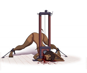 5_fingers 5_toes ambiguous_gender ankle_cuffs arms_tied ass_up back_groove bdsm blood bodily_fluids bondage bound brown_hair brown_nose chain chained cuff_(restraint) death decapitation feet fingers front_view fully_bound gore gore_focus guillotine hair jack-o'_pose legs_tied lock nude open_mouth padlock pose predicament_bondage restraints shackled shackles simple_background slim_humanoid snuff solo spread_legs spreading tan_body tan_skin toes white_background yellow_eyes conquistabear roni_navarre_(frick-frack) lagomorph leporid mammal rabbit nonbinary_(lore) trans_(lore) trans_man_(lore)