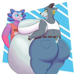 anthro belly belt big_belly big_breasts big_butt blue_background blue_eyes blush blush_lines border bottomwear breasts butt clothing crop_top denim denim_bottomwear denim_clothing duo ear_piercing ear_tag female fingers fur geometric_background grey_body grey_fur hooved_fingers hooves horizontal_pupils horn huge_belly huge_breasts huge_butt hyper hyper_belly jeans looking_at_another male morbidly_obese morbidly_obese_anthro morbidly_obese_female obese obese_anthro obese_female overweight overweight_anthro overweight_female pants piercing pink_body pupils scut_tail shirt short_tail simple_background tail tank_top text text_on_clothing text_on_shirt text_on_topwear thick_calves thick_thighs tongue tongue_out topwear white_border yellow_eyes lustofgoat coffee_stain_studios epic_games fortnite goat_simulator axo_(fortnite) pilgor_(goat_simulator) amphibian aquatic axolotl bovid caprine goat mammal mole_salamander salamander 1:1 2026 hi_res