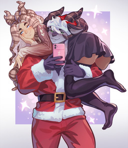 big_butt bovid_horn breasts butt caprine_horn carrying_another christmas_clothing christmas_headwear clothed clothing female fireman's_carry fully_clothed hand_on_cheek hat headgear headwear holidays horn legwear pseudo_hair ram_horn santa_hat short small_breasts stockings tentacle_hair tentacles p.a.u.l christmas coraline_kempt harvi_(acinthecheetah) aquatic bovid caprine cephalopod coleoid mammal mimic_octopus mollusk octopodiform octopus sheep