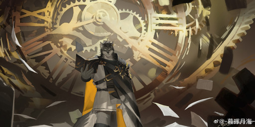 anthro black_hair black_nose book cape cheek_tuft clock clothed clothing coat facial_tuft front_view fur grey_body grey_eyes grey_fur hair holding_book holding_object male male_anthro mouth_closed neck_tuft short_hair solo standing topwear tuft white_body white_cape white_clothing white_coat white_fur white_topwear yellow_cape yellow_clothing awaldkize canid canine mammal 2024 absurd_res dated hi_res portrait signature three-quarter_portrait