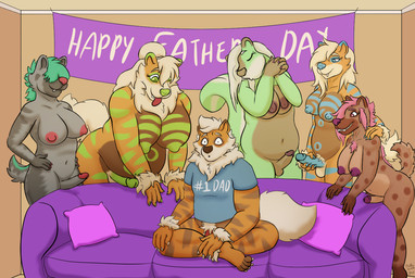 anthro arm_tuft balls belly bent_over big_belly big_breasts blue_eyes blue_markings blue_nipples blue_nose blue_penis blue_stripes bottomless bottomless_anthro bottomless_male breasts brown_body brown_countershading brown_fur brown_hands brown_markings brown_nose brown_spots brown_stripes clothed clothing countershade_face countershade_tail countershade_torso countershading crossed_legs curvy_figure dark_nipples erection female fur furniture genitals gloves_(marking) green_body green_eyes green_fur green_hair green_markings green_nose green_penis green_stripes group gynomorph gynomorph/male hair holding_penis holidays humanoid_genitalia humanoid_penis husband husband_and_wife inside intersex intersex/male leg_markings lotus_pose male markings married_couple navel nipples nude on_sofa orange_body orange_fur overweight penis pillow pink_hair pink_nipples pink_nose purple_nipples purple_nose reverse_countershading shirt shirt_only sitting sitting_on_sofa socks_(marking) sofa spots spotted_body spotted_fur standing striped_body striped_fur stripes t-shirt t-shirt_only tail tan_body tan_countershading tan_fur topwear topwear_only tuft wife wrist_tuft pickles-hyena father's_day nintendo piper_perri_surrounded pokemon celeste_(pickles-hyena) lucette_(pickles-hyena) maya_henderson mr._henderson mrs._henderson pistachio_(pickles_hyena) arcanine generation_1_pokemon generation_3_pokemon hyena mammal mephitid mightyena pokemon_(species) skunk meme daughter_(lore) father_(lore) father_and_child_(lore) father_and_daughter_(lore) herm_(lore) mother_(lore) mother_and_father_(lore) parent_(lore) parent_and_child_(lore) parent_and_daughter_(lore)