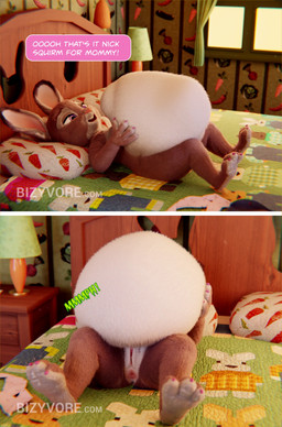 abdominal_bulge ambiguous_gender anthro anus burping duo feet female female/ambiguous genitals oral_vore speech_bubble vore vulva bizyvore disney zootopia bonnie_hopps 2026 3d_(artwork) absurd_res digital_media_(artwork) hi_res