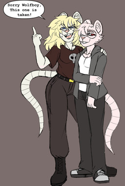 anthro blonde_hair blue_eyes bottomwear clothed clothed_anthro clothed_female clothing dialogue duo eye_through_hair eyebrow_through_hair eyebrows eyewear female female/female female_anthro footwear freckled_face freckles fully_clothed fully_clothed_anthro fully_clothed_female fur gesture glasses grey_background hair hand_gesture jacket middle_finger open_mouth pants pink_body pink_fur pink_hair red_eyes shirt shoes simple_background speech_bubble standing t-shirt tail teeth text tongue topwear translucent translucent_hair wearing_glasses white_body white_fur butcher_pal mammal murid murine rat rodent 2025 colored_sketch digital_drawing_(artwork) digital_media_(artwork) english_text full-length_portrait hi_res portrait sketch