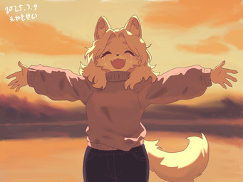 anthro blonde_hair bodily_fluids brown_clothing clothing cloud eyes_closed female fur hair lake open_mouth simple_background smile solo spread_arms sunset sweater tears topwear yellow_background yellow_body yellow_fur young eneki_sei bird_dog canid canine canis domestic_dog golden_retriever hunting_dog mammal retriever 4:3 shaded