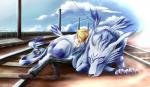 ambiguous_gender blonde_hair claws cloud duo eyes_closed feet feral fur hair harmonica male musical_instrument outside playing_music railway_track size_difference sky sleeping smile toe_claws toes wind_instrument claarin bandai_namco digimon digidestined matt_ishida canid canine digimon_(species) garurumon human mammal