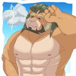 abs anthro blush bodily_fluids greying_hair male mane mature_male muscular muscular_anthro muscular_male nipples pecs simple_background solo sweat 44odosi lifewonders tokyo_afterschool_summoners arsalan_(tas) felid lion mammal pantherine 1:1