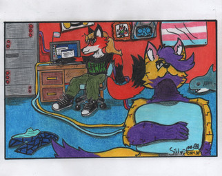anthro computer cybernetics duo electronics female lgbt_pride machine male male/female male/male photo plushie poster pride_colors sitting text transgender_pride_colors salyut_(artist) linux fan_character kerfus xenia_(linux) aquatic canid canine canis cyborg fish fox mammal robot shark wolf english_text hi_res