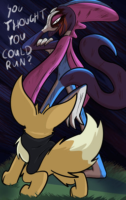 ambiguous_gender anthro biped black_cape black_clothing black_eyes brown_body brown_fur brown_hair cape clothing dialogue duo feral fingers fluffy fluffy_tail fur grass hair looking_at_another neck_tuft open_mouth open_smile plant pose quadruped question_mark smile standing tail text tuft white_sclera white_text wounded zincxiron nintendo pokemon pokemon_mystery_dungeon spike_chunsoft virmir_(character) eevee generation_1_pokemon generation_8_pokemon inteleon pokemon_(species) shiny_pokemon 2025 absurd_res english_text hi_res