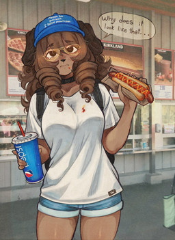 anthro backpack baseball_cap biped bottomwear breasts brown_body brown_fur brown_hair clothed clothed_female clothing collar container cup drill_curls eyewear female floppy_ears food fully_clothed fully_clothed_female fur glasses hair hat headgear headwear holding_container holding_cup holding_object hot_dog hotpants ketchup looking_at_viewer shirt shorts solo standing t-shirt text topwear wearing_glasses white_clothing white_shirt white_topwear puppyypawss costco pepsi please_be_patient_i_have_autism puppy_(puppyypawss) canid canine canis domestic_dog mammal english_text hi_res meme