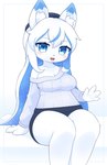4_fingers anthro big_breasts big_eyes black_bottomwear black_clothing black_nose black_shorts blue_body blue_eyes blue_fur blue_hair blush bottomwear breasts claws cleavage clothed clothing dipstick_ears ear_markings eyebrow_through_hair eyebrows eyelashes female finger_claws fingers front_view fully_clothed fur geometric_background hair happy inner_ear_fluff kemono long_hair looking_at_viewer multicolored_ears open_mouth open_smile pink_tongue shorts simple_background sitting smile solo starry_hair sweater thick_thighs three-quarter_view tongue topwear translucent translucent_hair tuft white_background white_body white_clothing white_fur white_sweater white_topwear shirom canid canine fox mammal 2024 digital_media_(artwork) hi_res portrait shaded three-quarter_portrait