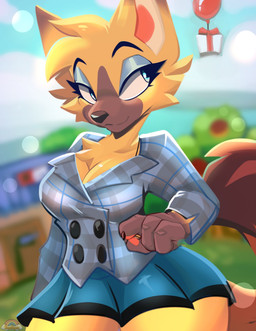 anthro balloon blue_bottomwear blue_clothing blue_eyeshadow blue_skirt bottomwear breasts brown_body brown_eyes brown_fur clothed clothing eyeshadow female fur grey_clothing grey_topwear inflatable makeup narrowed_eyes outside pawpads peacoat red_pawpads seductive skirt sky smile solo standing tan_body tan_fur teeth topwear rose_puppies animal_crossing nintendo vivian_(animal_crossing) canid canine canis mammal wolf hi_res watermark