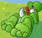 3_toes anthro anus backsack balls barefoot blush butt curling_toes feet flower flower_in_mouth foot_focus genitals grass green_body green_scales humanoid_feet looking_at_viewer looking_back looking_back_at_viewer lying male nude on_front outside plant plantigrade scales simple_background smile soles solo tail tail_anus toes fol mario_bros nintendo dinosaur green_yoshi prehistoric_species reptile scalie yoshi hi_res