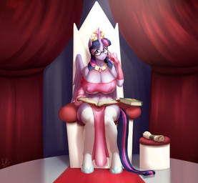 anthro anthrofied areola biped book breasts chair cleavage clothed clothing crown eyewear female furniture glasses gloves handwear headgear horn jewelry lipstick makeup necklace pink_lipstick scroll sitting solo throne tiara wings marauder6272 friendship_is_magic hasbro my_little_pony mythology twilight_sparkle_(mlp) equid equine mammal mythological_creature mythological_equine winged_unicorn 2019 hi_res