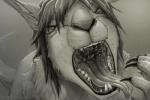 anthro body_in_mouth close-up duo fangs forced looking_up mouth_shot open_mouth oral_vore scared swallowing tail teeth tongue tongue_out vore themirth mythology nylla taluthus dragon kangaroo macropod mammal marsupial mythological_creature mythological_scalie scalie 2017 3:2 black_and_white monochrome signature