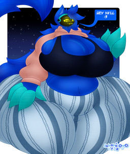 4_fingers anthro big_breasts big_butt blue_body blue_fur blue_hair bottomwear breast_squish breasts butt claws cleavage cleavage_overflow clothed clothing cybernetics female fingers fur hair hoodie huge_breasts huge_butt long_tail looking_at_viewer machine pants protogen_visor simple_background smile speech_bubble squish sweatpants tail text topwear wide_hips yellow_eyes sokoyo_owo starry_(sokoyo_owo) canid canine cyborg mammal protogen hi_res