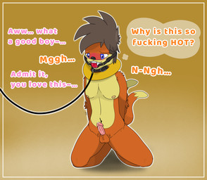 ball_gag balls blush bodily_fluids bound brown_hair collar cum erection fur gag genital_fluids genitals good_boy hair hands_behind_back hands_tied humanoid_genitalia kneeling leaking_cum leash leashed_collar male nipples nude_male offscreen_character orange_body orange_fur penis saliva saliva_string solo speech_bubble text hupla21 nintendo pokemon fang_(hupla21) buizel generation_4_pokemon humanoid pokemon_(species) hi_res