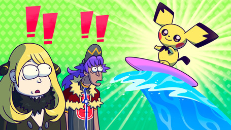 amazed blonde_hair exclamation_point female feral group hair male pokemon_champion surfboard surfing trio yellow_body metapod_para_presidente nintendo pokemon cynthia_(pokemon) leon_(pokemon) generation_2_pokemon human mammal pichu pokemon_(species) 16:9 hi_res widescreen