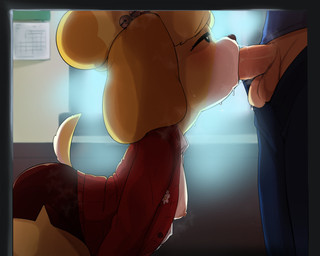 anthro anthro_penetrated areola balls biped blush breasts clothed clothing duo erection female female_on_human female_penetrated fur genitals human_on_anthro human_penetrating human_penetrating_anthro human_penetrating_female interspecies male male/female male_on_anthro male_penetrating male_penetrating_anthro male_penetrating_female multicolored_body nipples oral oral_penetration penetration penile penile_penetration penis sex side_view tail white_body yellow_body yellow_fur yellow_tail mdthetest animal_crossing nintendo isabelle_(animal_crossing) canid canine canis domestic_dog human mammal 2025 5:4 hi_res