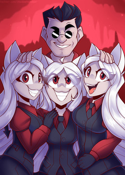 5_fingers black_hair clothed clothing eyewear female fingers fully_clothed group hair hand_on_head looking_at_viewer male open_mouth open_smile red_eyes smile sunglasses white_hair shadowreindeer helltaker cerberus_(helltaker) protagonist_(helltaker) animal_humanoid canid canid_humanoid human humanoid mammal mammal_humanoid 2020 digital_media_(artwork) hi_res