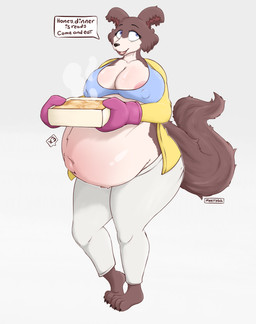 abdominal_bulge anthro belly big_breasts bottomwear breast_squish breasts brown_body clothing cooking erect_nipples female fluffy fluffy_tail mature_female navel nipples pants pregnant pregnant_anthro pregnant_female sign solo speech_bubble squish standing tail text white_bottomwear white_clothing white_pants wide_hips mestysa beastars juno_(beastars) canid canine canis mammal wolf 2026 absurd_res english_text hi_res