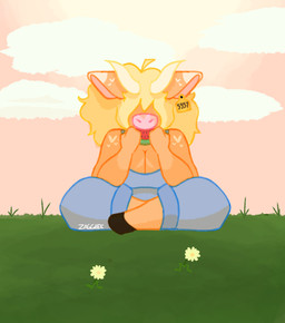 anthro blonde_hair blue_clothing breasts clothing cloud curly_hair day ear_piercing ear_tag eating female flower food fruit fur grass hair heart_symbol hooves horn melon on_grass orange_body orange_fur outside overalls overalls_only piercing pink_nose pink_sky plant sitting sky solo watermelon zaggiiee jazzy_(zaggiiee) bovid bovine cattle highland_cattle mammal digital_media_(artwork) hi_res