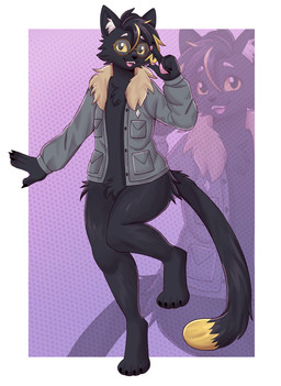 anthro biped black_body black_fur claws dipstick_tail eyebrows eyewear fur glasses inner_ear_fluff male markings open_mouth open_smile pawpads pink_pawpads smile solo tail tail_markings tuft artkett1412 knight_(knight) domestic_cat felid feline felis mammal hi_res