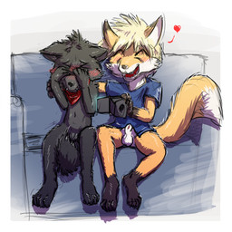 animal_genitalia anthro arm_around_shoulders balls black_body black_fur blonde_hair blush bottomless brown_body brown_fur camera clothed clothing covering covering_eyes covering_face duo embarrassed eyes_closed fangs flaccid foreskin fur furniture genitals hair heart_symbol holding_object humanoid_genitalia humanoid_penis kerchief male male/male mostly_nude multicolored_body multicolored_fur navel open_mouth open_smile penis sheath shirt shota sitting small_penis smile sofa tail tail_between_legs teeth topwear two_tone_body two_tone_fur video_camera white_body white_fur yellow_body yellow_fur young young_anthro young_male dakkawoof dakka tycloud canid canine canis fox mammal wolf 1:1 2017
