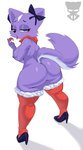 anthro areola big_butt bow_ribbon breasts butt clothing eyeliner female footwear fur fur_markings glistening glistening_butt high_heels makeup markings narrowed_eyes nipples nude pose purple_body scarf shoes simple_background socks solo tail tongue tongue_out white_background milkshoba aggretsuko sanrio shikabane_(aggretsuko) mammal mephitid skunk 2024 hi_res pinup