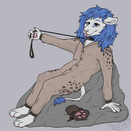 anthro bean_bag blue_eyes blue_hair blue_mane bondage_gear bondage_gloves claws clothing collar fur hair handwear kigurumi leash leashed_collar male mane mittens onesie open_mouth paws simple_background smile solo tail tongue tongue_out white_body white_fur white_tail plush_hyena felid lion mammal pantherine 1:1 digital_media_(artwork) hi_res
