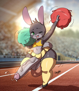 anthro balls big_balls big_butt big_penis blurred_background bodily_fluids butt cheerleader cheerleader_outfit clothed clothing crossdressing femboy fur genital_fluids genitals green_eyes grey_body grey_fur huge_balls huge_penis humanoid_genitalia humanoid_penis hyper hyper_balls hyper_genitalia hyper_penis male one_eye_closed open_mouth open_smile panties penis pom_poms precum shortstack shortstack_male small_but_hung smile solo thick_thighs underwear whiskers joaoppereiraus toby_(joaoppereiraus) lagomorph leporid mammal rabbit 2023 hi_res signature