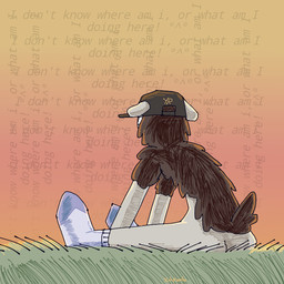 anthro brown_body brown_fur butt calm clothing dialogue footwear fur grass hair half_naked hat headgear headwear hooves legwear male male/male outside plant relaxing sitting sitting_on_ground sky skyscape small_tail socks solo stockings sunset tail text thinking white_body white_fur young young_anthro yoshreveluv yoshua_(yoshreveluv) bovid caprine mammal sheep digital_media_(artwork)