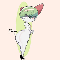 anthro big_butt blush breasts butt clothing female footwear footwear_only green_hair hair high_heels huge_butt medium_breasts mostly_nude not_furry nude shoes shoes_only shortstack shortstack_female simple_background solo text thick_thighs wide_hips eddiebrije evil_container nintendo pokemon fan_character graciela_(eddiebrije) generation_3_pokemon pokemon_(species) ralts 1:1 2026 absurd_res digital_media_(artwork) english_text hi_res meme