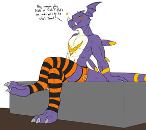 abs anthro big_tail butt claws clothed clothing food fruit halloween_pattern head_wings holidays horn leaning leg_over_thigh looking_at_viewer male markings muscular paws pecs plant pumpkin raised_paw revealing_outfit seductive sitting skimpy solo star_symbol tail talking_to_viewer text tight_clothing tight_underwear tusks underwear unusual_wing_placement wings conditional_dnp samagthrav2 bandai_namco digimon halloween dragoneer_(character) murasadramon absurd_res english_text hi_res