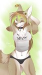 anthro bone breasts chest_tuft clothing collar digitigrade ear_piercing eyes_closed feathers female fur hair midriff navel navel_pendant navel_piercing panties piercing shirt skull solo tank_top topwear tuft underwear aimi kesia canid canine mammal digital_media_(artwork) hi_res shaded