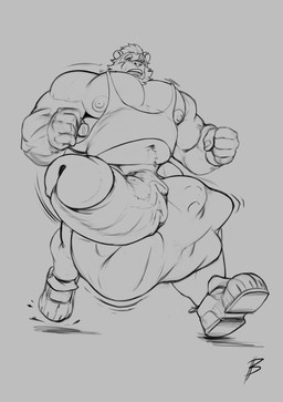 anthro balls beard belly_tuft big_balls big_penis clothing cock_vore facial_hair genitals glans huge_balls huge_penis humanoid_genitalia humanoid_penis hyper hyper_balls hyper_genitalia hyper_penis male male_pred muscular muscular_male nipples pecs penile penis shirt tank_top topwear tuft vore buzzybub bear mammal hi_res monochrome
