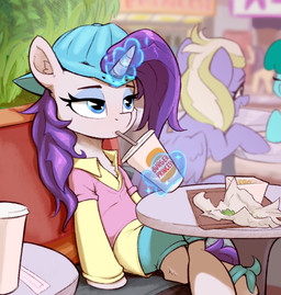 backwards_baseball_cap backwards_hat baseball_cap beverage blonde_hair blue_body blue_eyes blue_fur blue_hair bottomwear clothed clothed_feral clothing container cup drinking eyelashes eyeshadow female feral food fur group hair half-closed_eyes hat headgear headwear hooves horn inside long_hair magic makeup narrowed_eyes purple_body purple_fur quadruped shorts sitting sweater sweater_vest topwear unicorn_horn vest white_body white_fur wings rnghat friendship_is_magic hasbro my_little_pony mythology rarity_(mlp) sprinkle_medley_(mlp) sweet_buzz_(mlp) equid equine mammal mythological_creature mythological_equine pegasus unicorn absurd_res hi_res