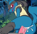 anal anal_penetration anthro balls blue_body blush bodily_fluids butt cum cum_in_ass cum_inside duo fur genital_fluids genitals looking_at_viewer male male/male on_bottom on_top penetration penis reverse_cowgirl_position sex tail jhussethy nintendo pokemon generation_4_pokemon lucario pokemon_(species) hi_res