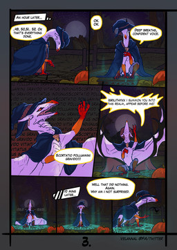 claws cloack clothing dialogue disappointed ear_piercing female feral food fruit hat headgear headwear lingerie lingerie_on_feral magic magic_circle orange_eyes piercing plant pumpkin sharp_teeth solo teeth text wings velannal mythology siela_(velannal) dragon mythological_creature mythological_scalie scalie comic english_text hi_res