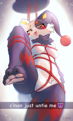 anthro areola bdsm black_body black_fur black_nose bondage bound breasts butt butt_from_the_front cheek_tuft clothing emoji eyelashes facial_tuft feet female fur genitals hat headgear headwear jester leg_tied looking_at_viewer markings multicolored_body multicolored_fur neck_tuft pawpads red_markings restraints rope rope_bondage simple_background smile smiling_at_viewer solo text top_hat tuft vulva white_background white_body white_fur yellow_eyes yellow_markings lilint palworld pocketpair dupin_(pal) lagomorph leporid mammal pal_(species) rabbit absurd_res hi_res