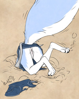 anthro anus ass_up blue_body blue_fur clothed clothing female fur genitals mousing snow solo tail upskirt vulva blokfort kalta_(blokfort) canid canine fox mammal hi_res